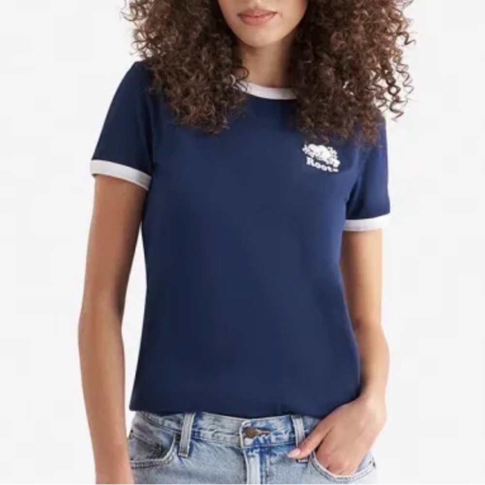 Roots Canada Navy Blue & White T-Shirt Women’s Size Medium